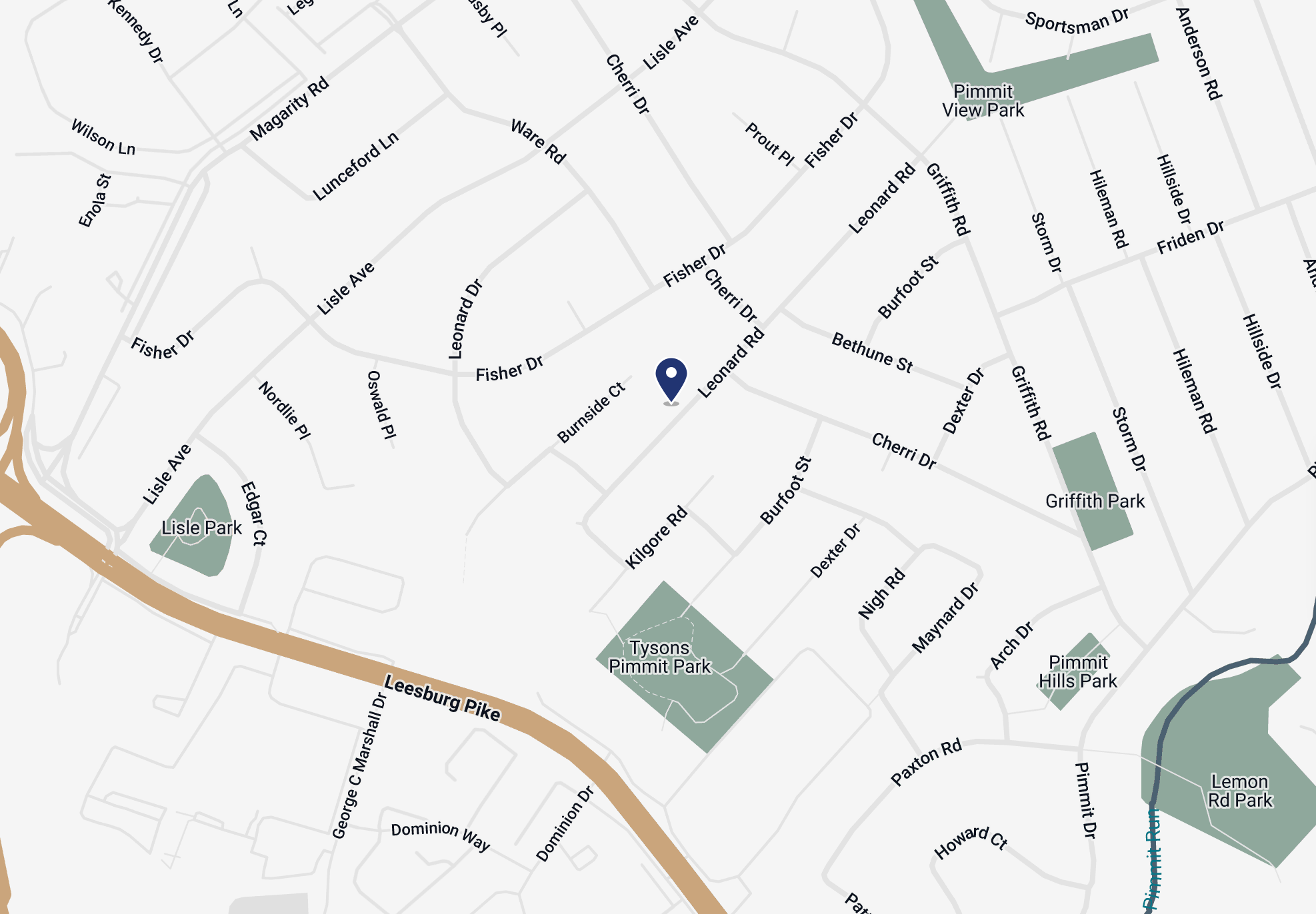 Map showing location of In Good Hands Daycare at 2008 Leonard Rd, Falls Church, VA 22043